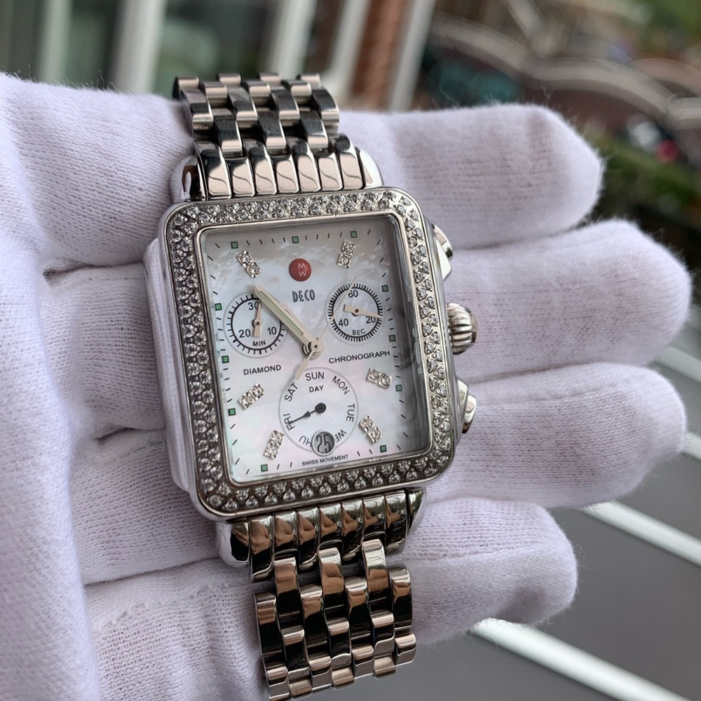 MICHELE DECO MOP DIAMOND DIAL AND BEZEL CHRONOGRAPH LADIES WATCH